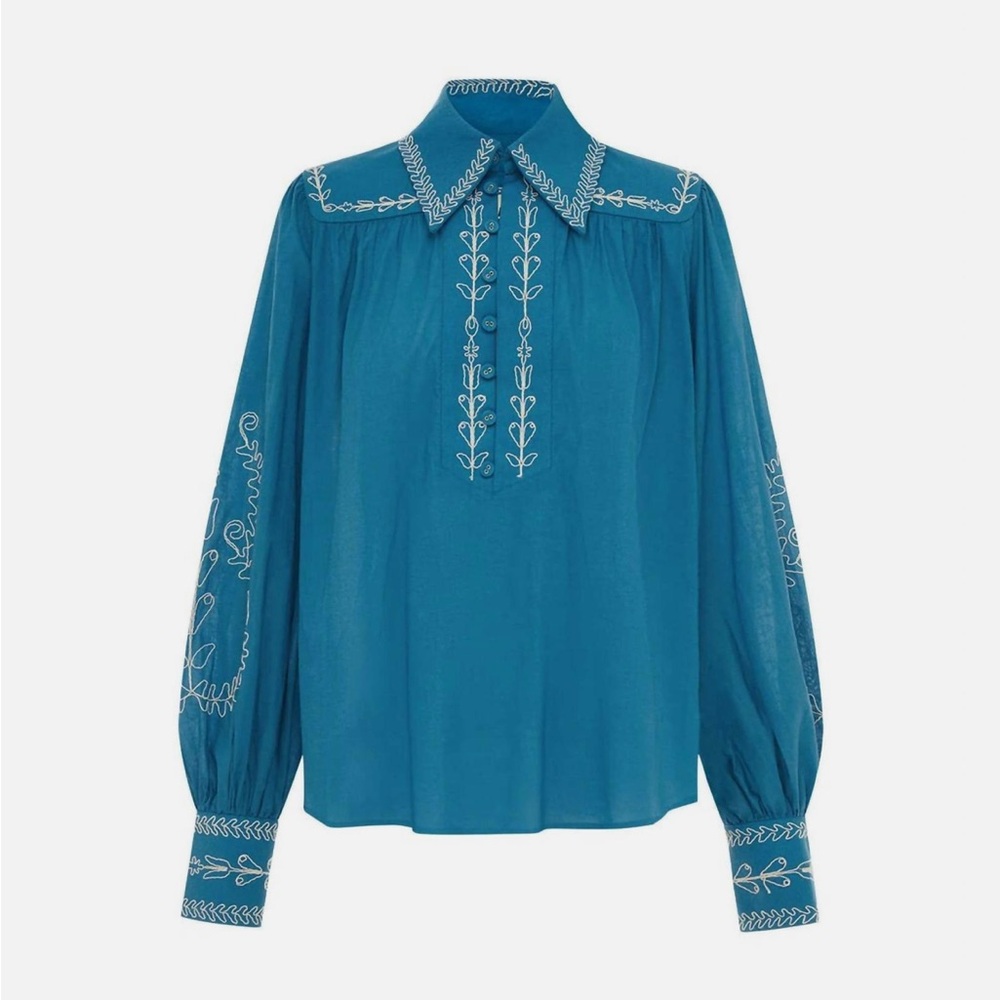 New Alemais Teal Blouse with White Embroidery